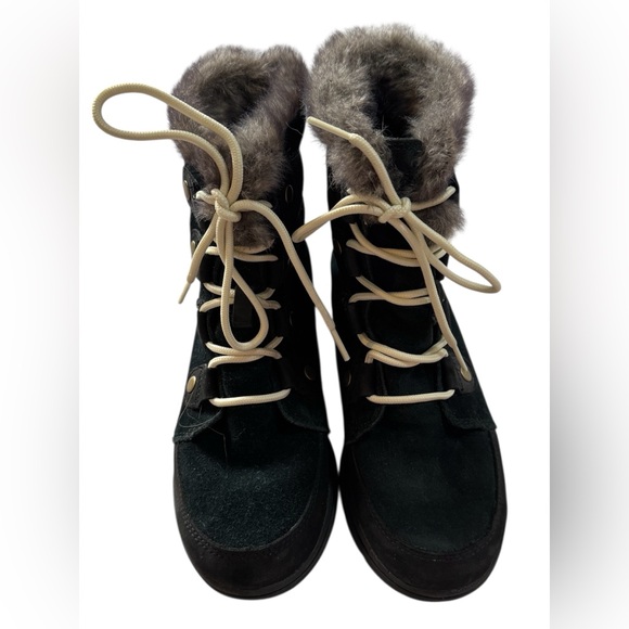 Sorel Shoes - Sorel Black Suede Winter Boots Faux Fur Trim Lace Up Size 7.5